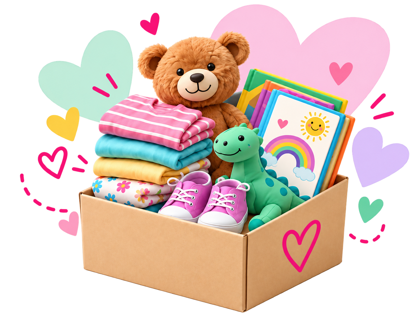 A box of outgrown children's clothes, toys and books, ready for another life